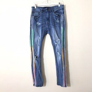 EUC Akoo Distressed Double Stripe Distressed Skinny Mens Jeans Size 32